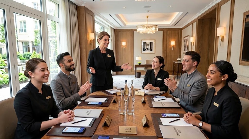 A hotel manager standing at the head of a meeting table, speaking to five staff members seated around it in a wood-panelled meeting room