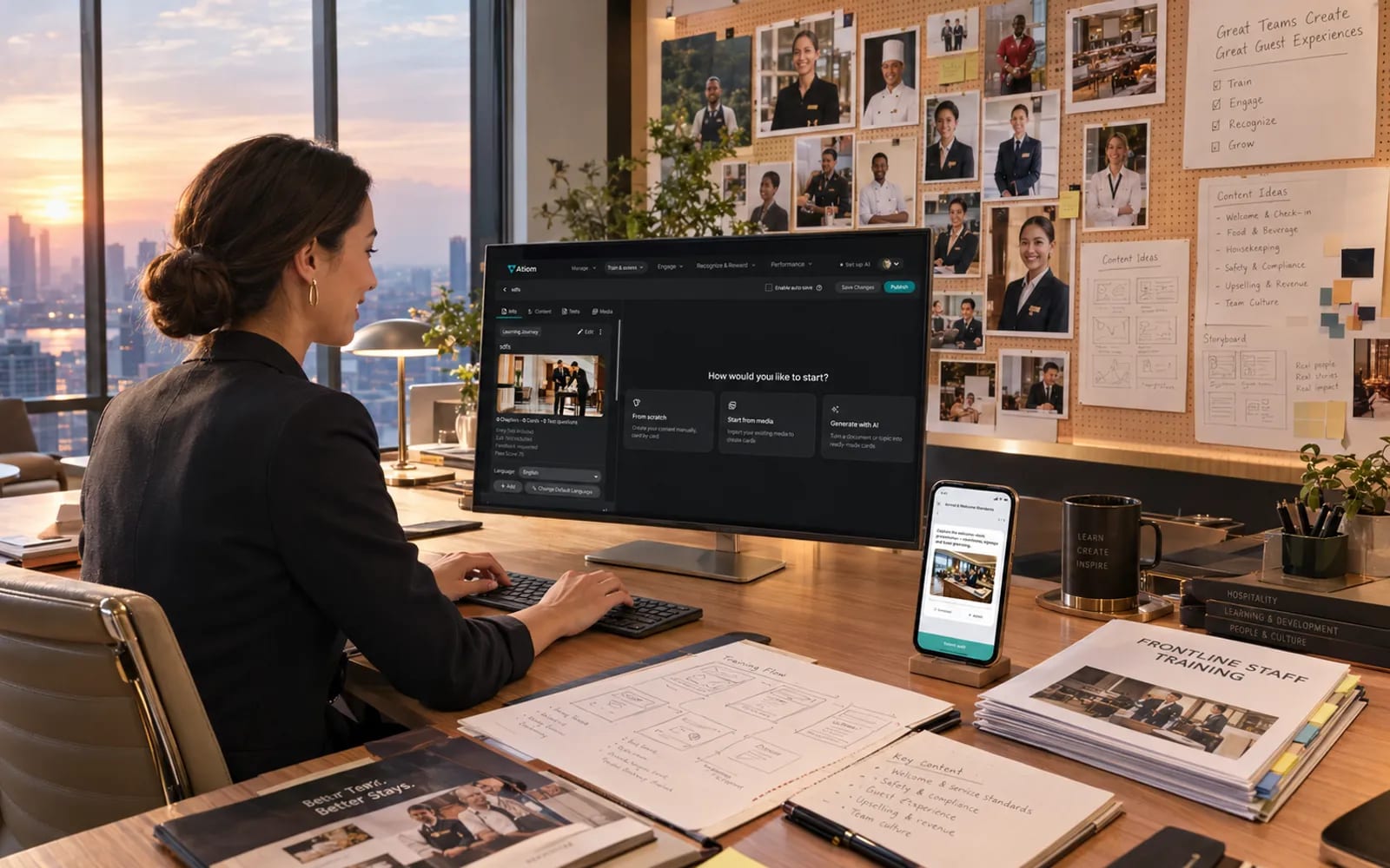 A hotel manager building a module in Atiom on a desktop monitor, with team photos and content plans pinned to the wall behind her