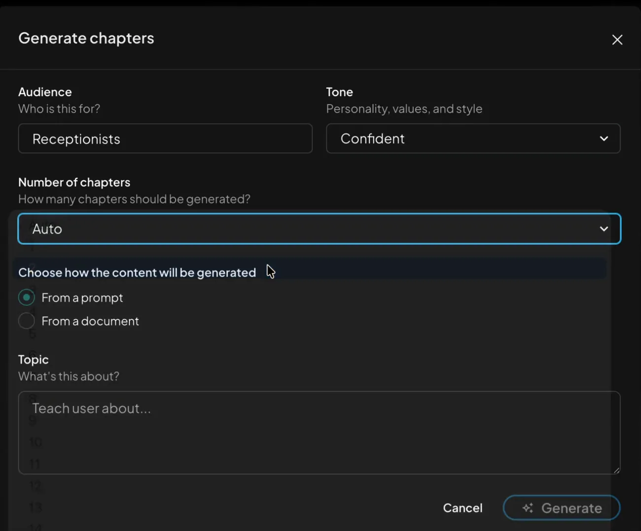 Ati AI generate-chapters dialog with From a prompt selected