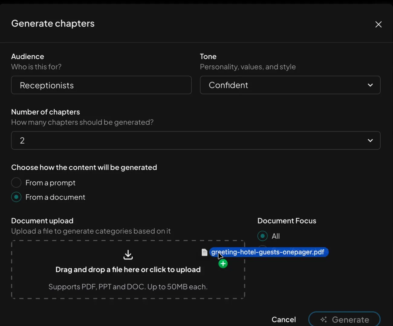 A PDF attached to the generate-chapters dialog