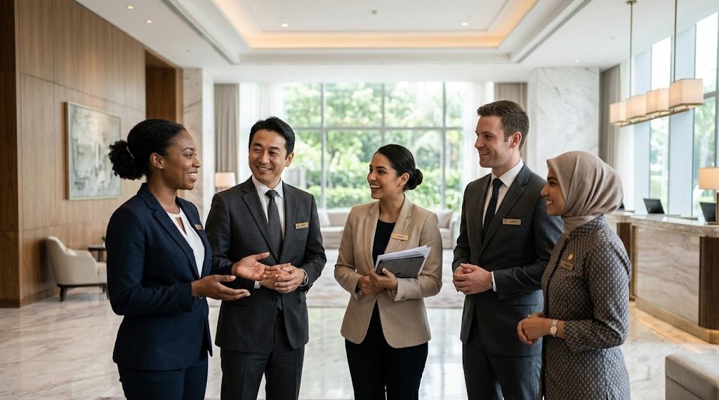 Five hotel staff members in professional uniforms standing together in a hotel lobby, smiling mid-conversation
