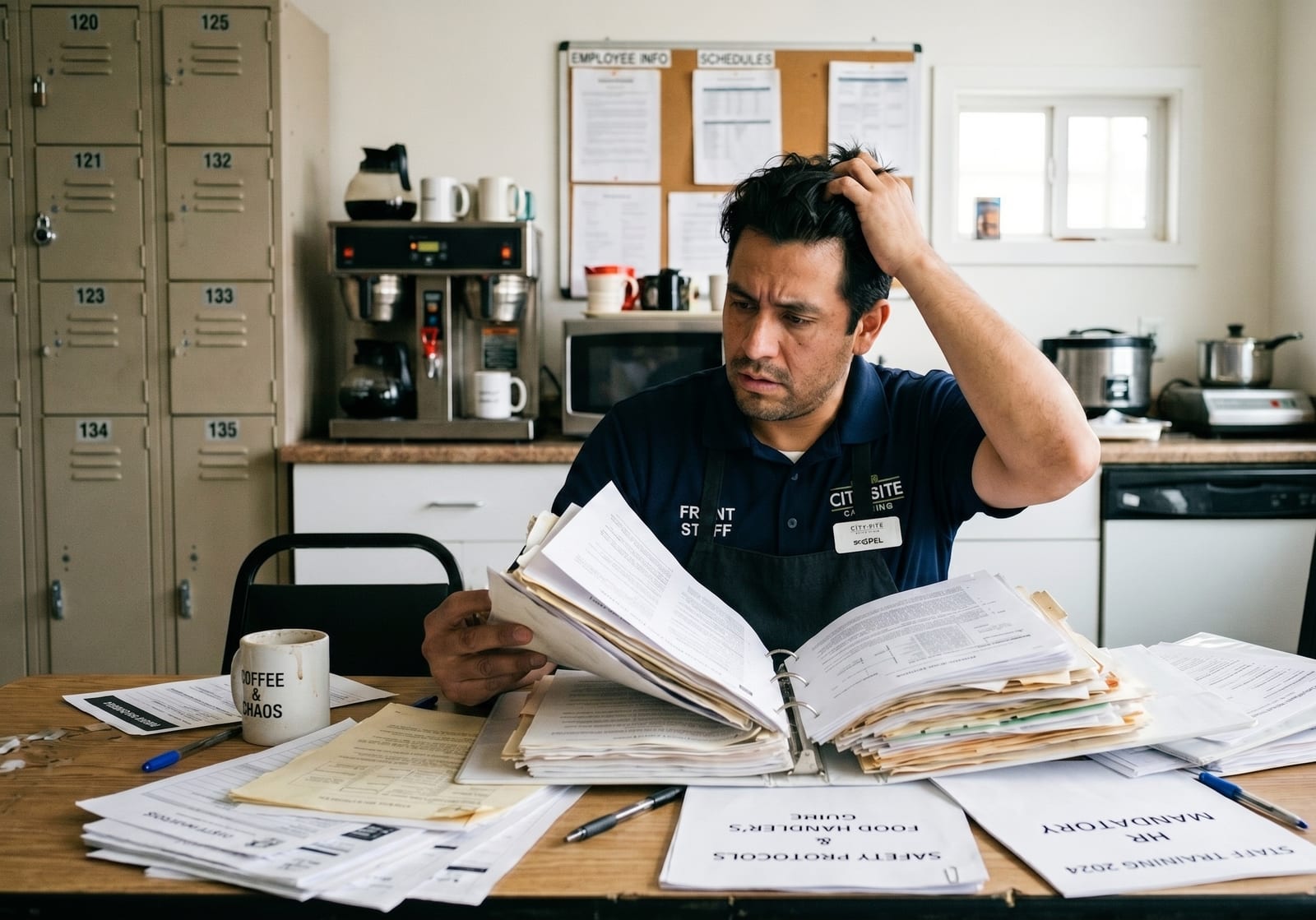 A frontline worker overwhelmed by stacks of printed training manuals in a staff break room