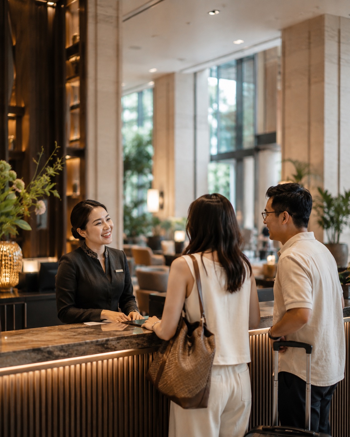 Hotel lobby with a frontline team welcoming arriving guests