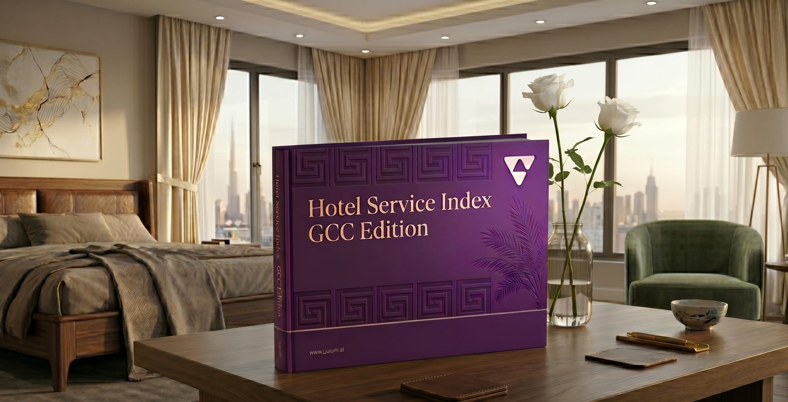 The Hotel Service Index GCC Edition report displayed in a luxury Gulf hotel bedroom