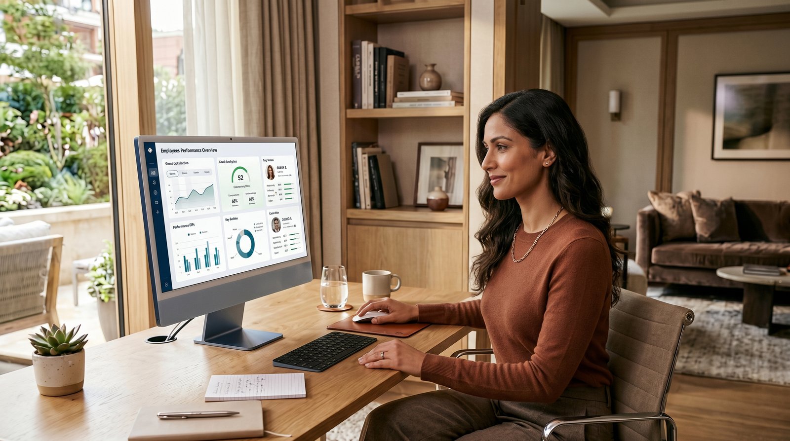 A woman at a desk reviewing the Atiom dashboard on a desktop monitor