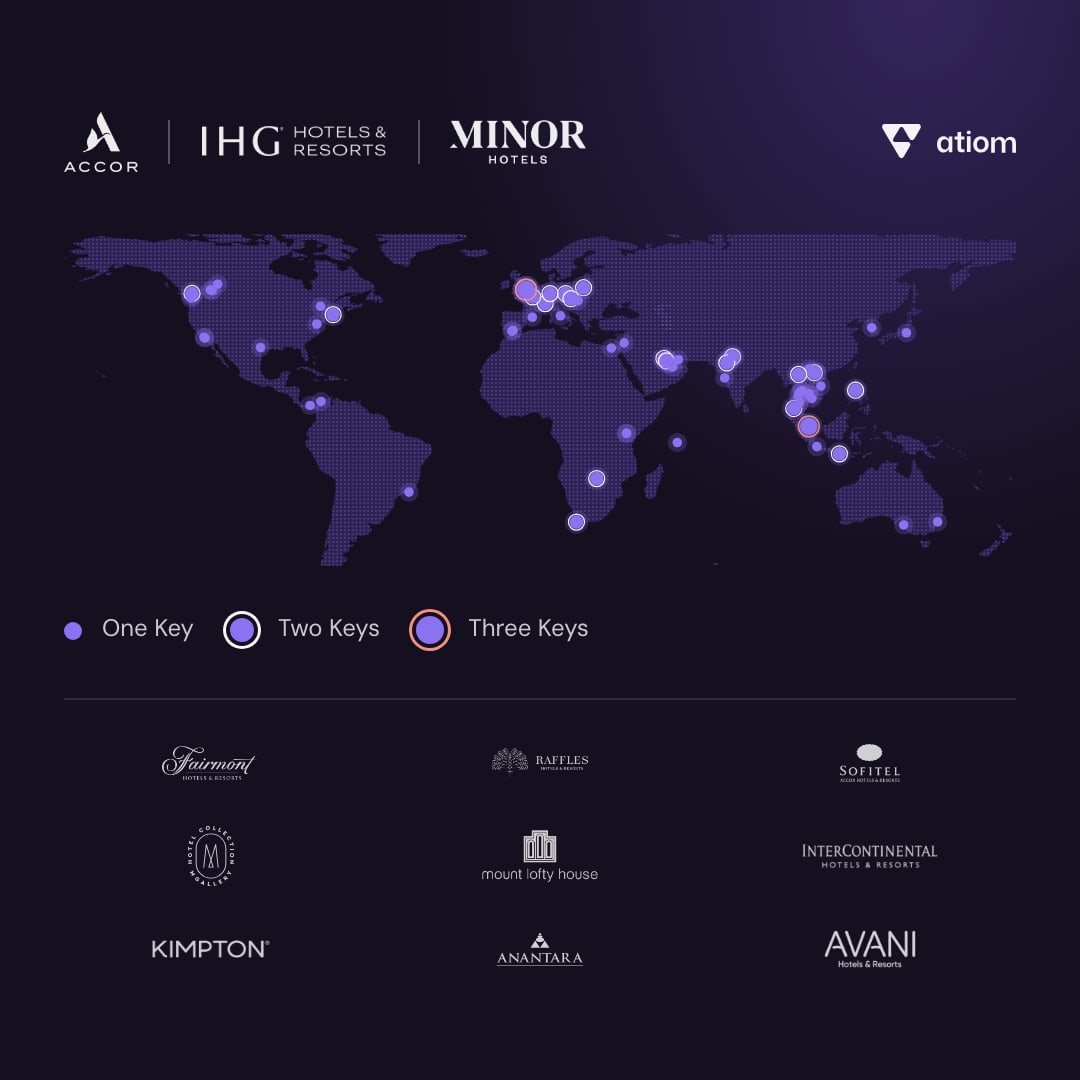 World map with one dot for each of the 69 hotels on Atiom that earned a MICHELIN Key in 2026