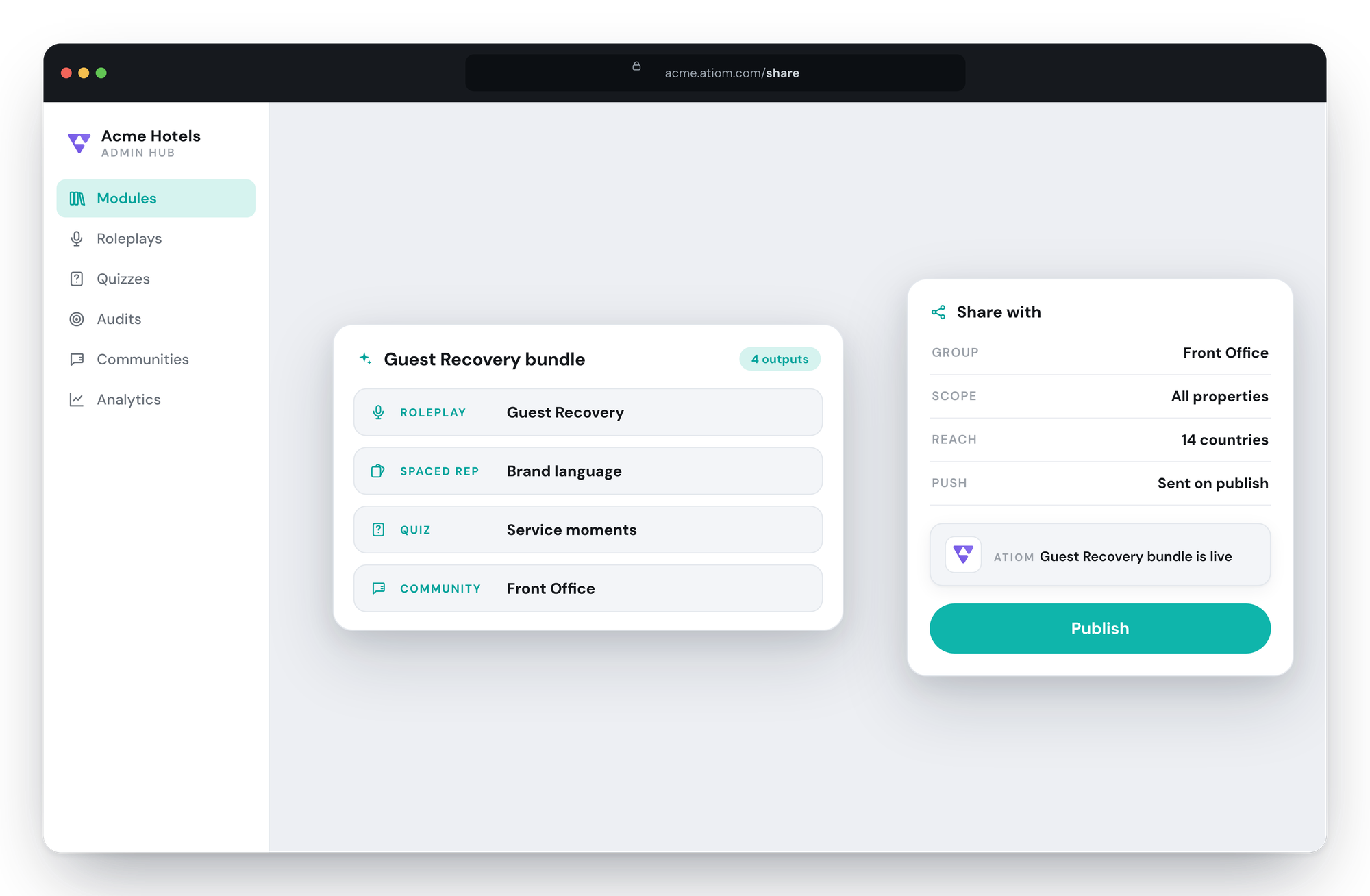 The Atiom admin hub share panel, publishing the Guest Recovery bundle to the Front Office team