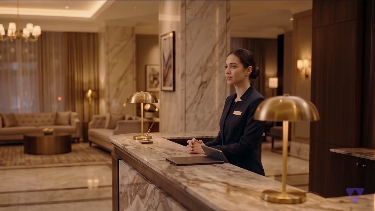 A front-desk team member composed and ready at a marble reception desk, moments before a guest arrives
